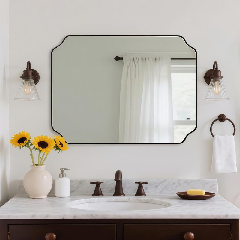 Modern Scalloped Corner Rectangle Bathroom Vanity Mirror | Stainless Steel Frame, 40" x 30", Brushed Bronze