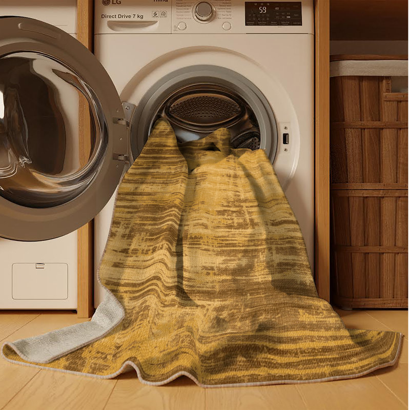 Machine Washable Abstract Brown Area Rug, Round 3'