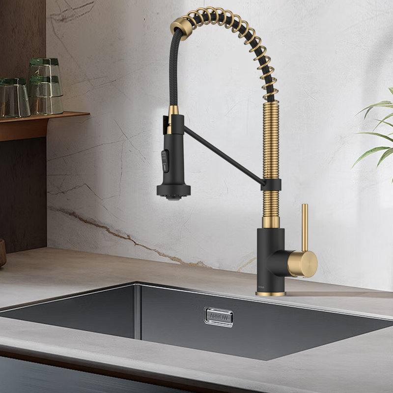 Single Handle Kitchen Faucet 2-Function Sprayer Pull Down Kitchen Faucet, Brushed Brass/Matte Black