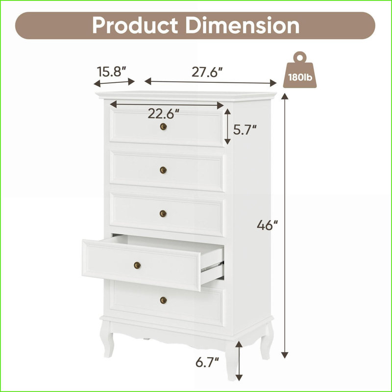 Commode, commode de rangement blanche moderne à 5 tiroirs avec pieds en bois massif | Blanc | Bois