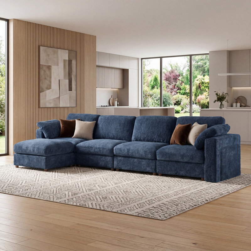 5 - Piece Teddy Modular Sectional Sofa Cloud Couch with Ottoman and 2 Storage Side Table, Blue, 4