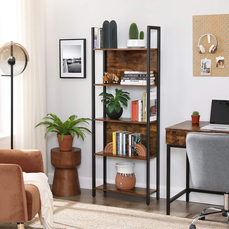 Geter 165cm H x 62cm W Steel Standard Bookcase, Rustic Brown/Black