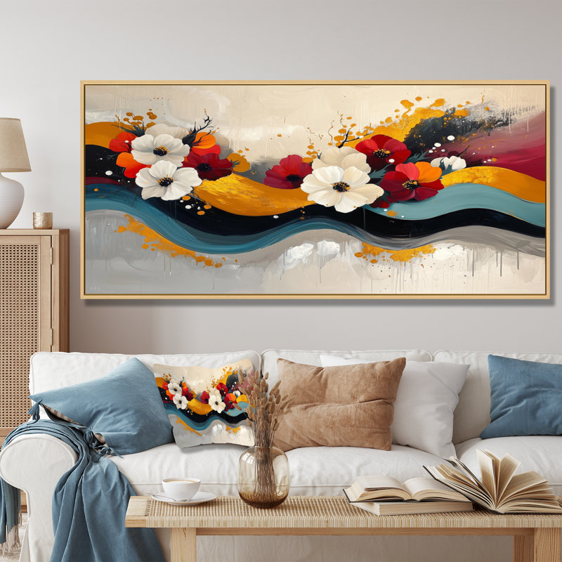 Art mural blanc pour le salon, H 28 po x l 60 po, Cadre flottant, Brun