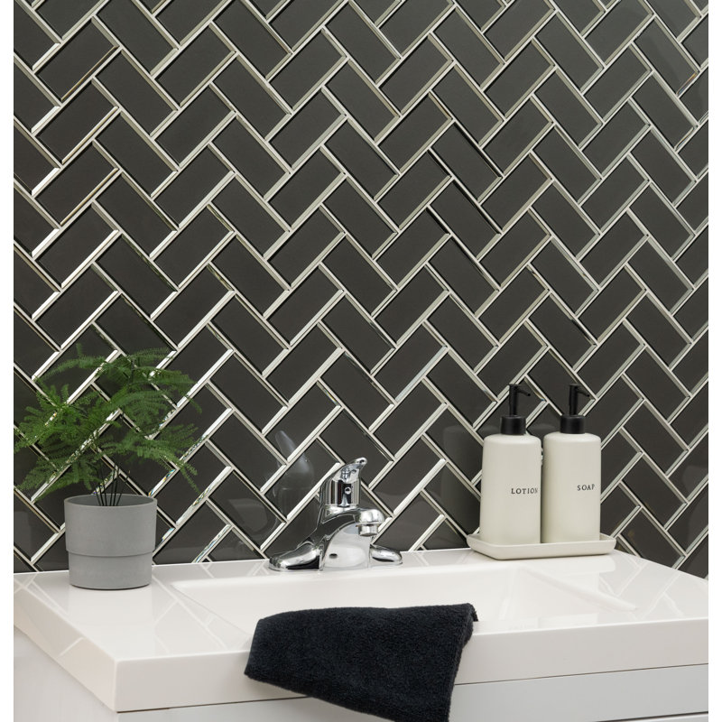 Rivella Herringbone 11 in. x 14 in. Glossy Glass Mosaic Wall Tile, Titan Gris