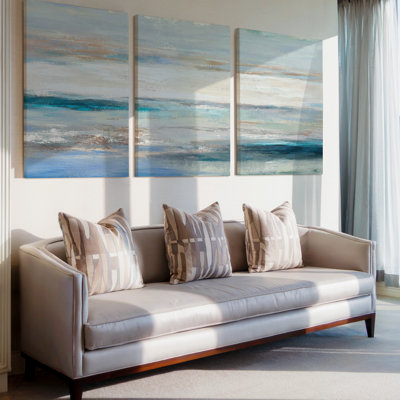 3 Pieces Exculisive Aqua and Blue Abstract Large Wall Art Serene Coastal Layers Panoramic Canvas Art, Canvas Decor for Living Room, Bedroom and Office