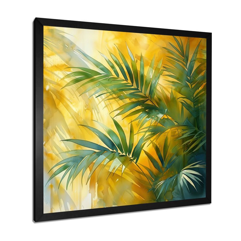 Jaune jaune vert palmiers Frond Dance II - palmiers et palmiers, art mural salon, Cadre simple noir, H 36 po x l 36 po