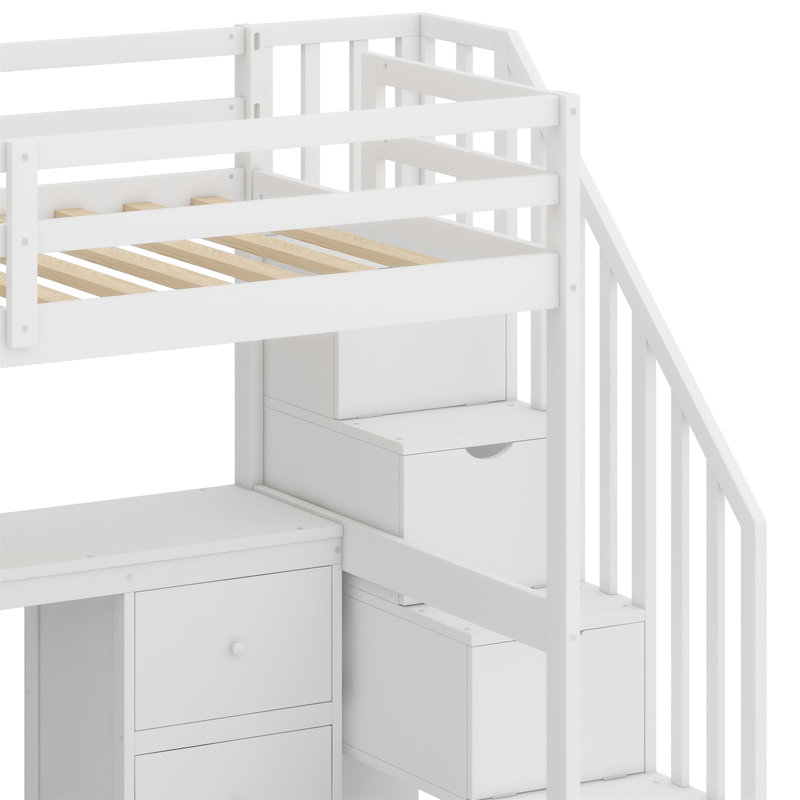 Jaxsten Twin Size Loft Bed Frame with Built-in Desk and Double Storage Drawers, White