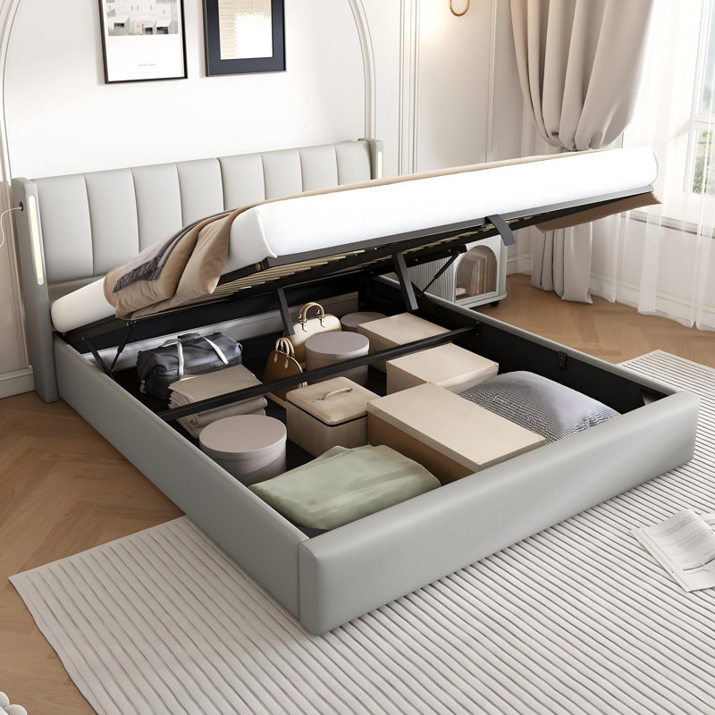 Upholstered Storage Bed With Adjustable Headboard, USB And LED PU, Grey, Super King (6')