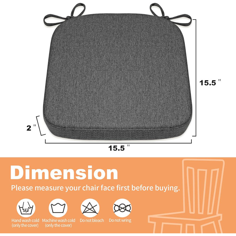Coussin de chaise en mousse viscoélastique antidérapante de 2 pouces d'épaisseur avec housse amovible et patins en feutre