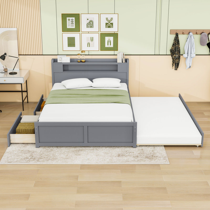 Grand lit plateforme en bois à deux tiroirs avec lumière DEL et lit gigogne, gris