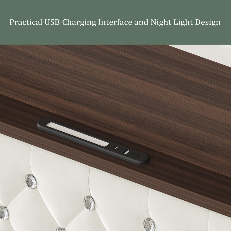 Structure de lit moelleuse en velours avec port USB et veilleuse, tête de lit haute 52 po avec rivets, lit plateforme à oreilles avec tablette de tête de lit