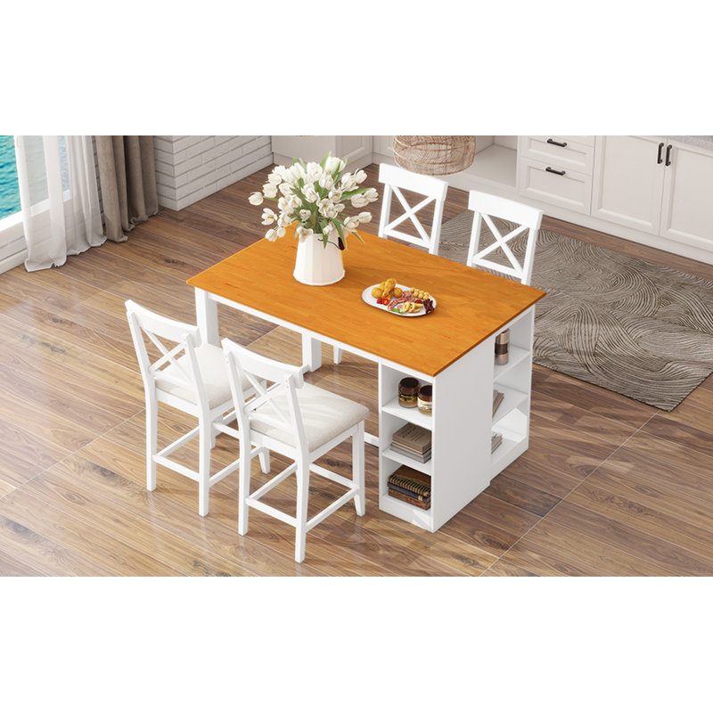 Ensemble de table de salle à manger à hauteur de comptoir en bois massif L 60 po x l 30 po avec tablettes de rangement à 3 niveaux et chaises rembourrées pour 4 personnes TopMAX