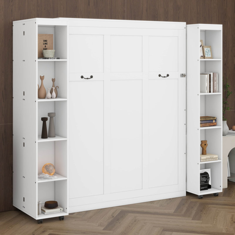 Grand lit escamotable mural avec portes de rangement, cadre de lit mural en bois, lits plateforme pliables, Blanc