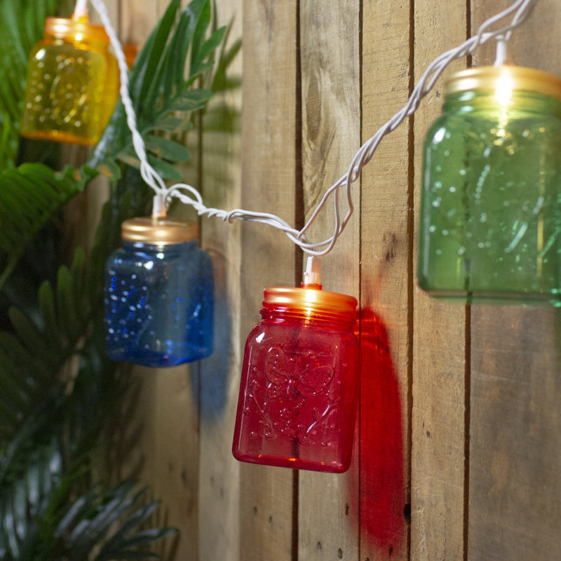 10-Count Multi-Colour Mini Mason Jar Novelty String Light Set 7.5ft White Wire