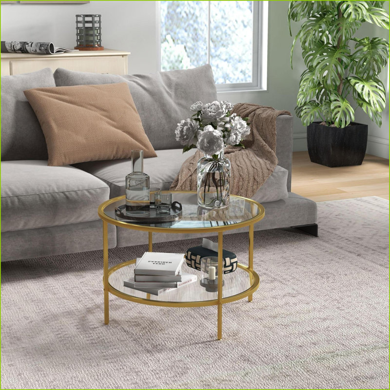 HOMCOM Round Coffee Table with 2-Tier Storage, Gold Tempered Glass &amp; Steel Frame for Living Room, Easy-Clean