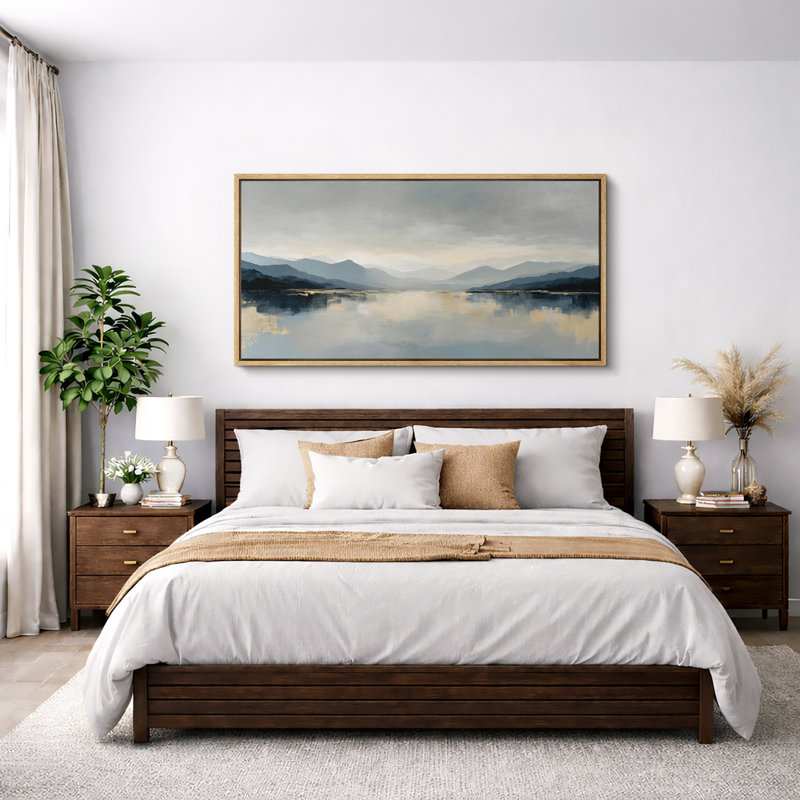 Serene Mountain Lake Reflection Landscape Wall Decor Extra Large Pictures Framed Canvas Print Wall Art, Natural