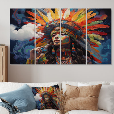Tribal, beauté, plume, coiffe, rétro, I, femme, art mural, ensemble de 4 pièces