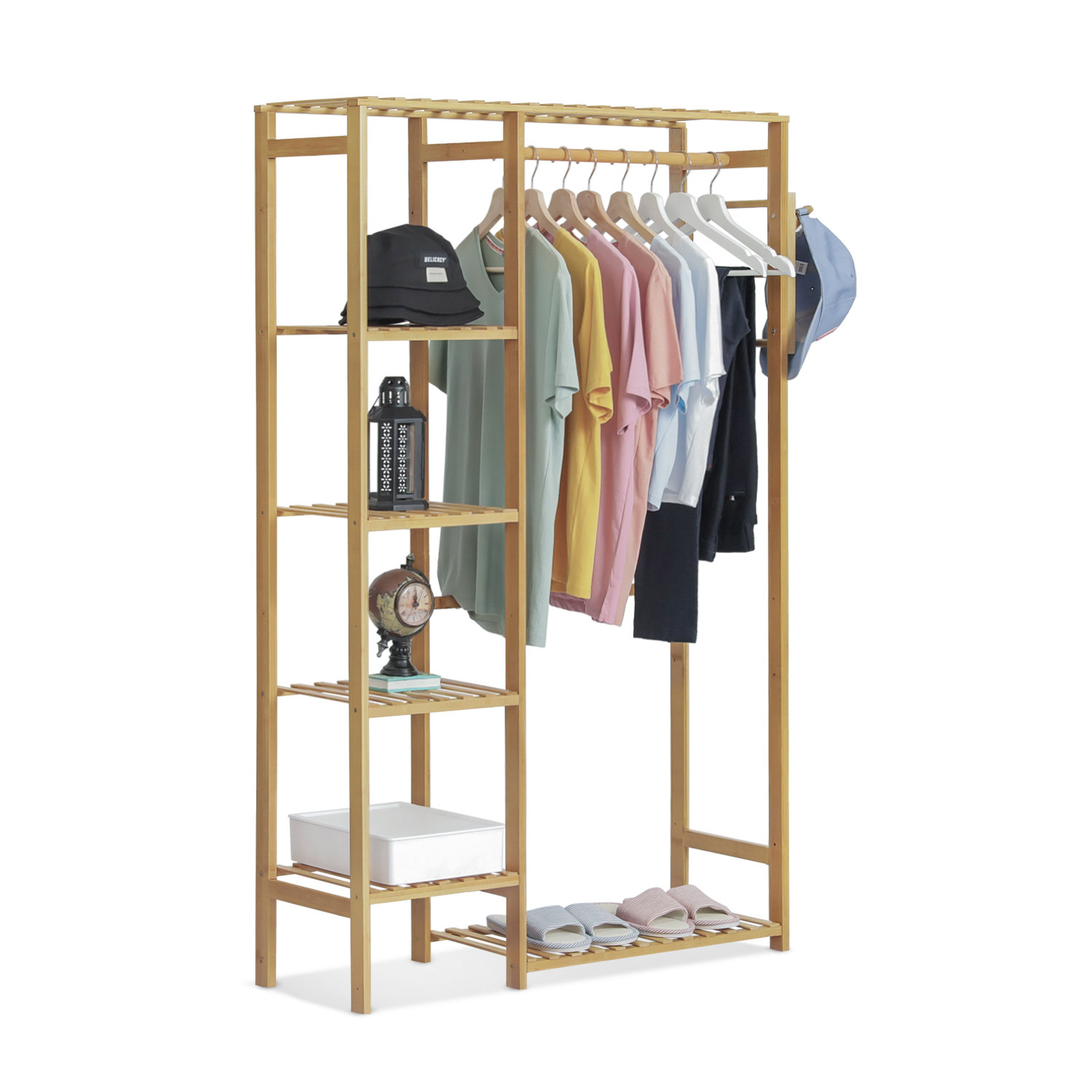 6 Tier Ladder Strong Wooden Clothes Rail Garment Rack with Top Rod