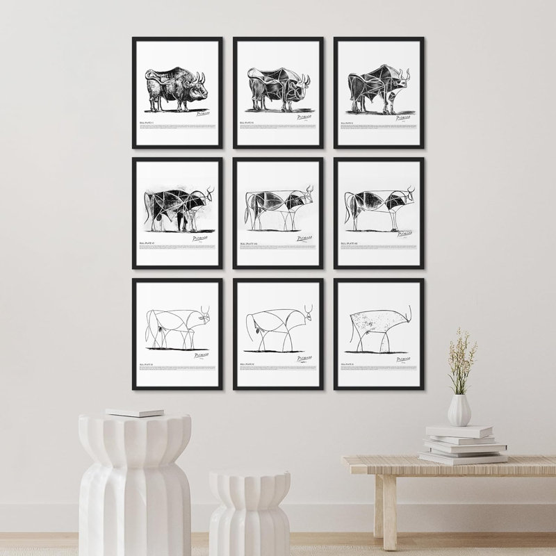 Ensemble de taureaux géométriques Pablo Picasso, dessin d'animaux encadrés sur papier, 9 pièces, Noir