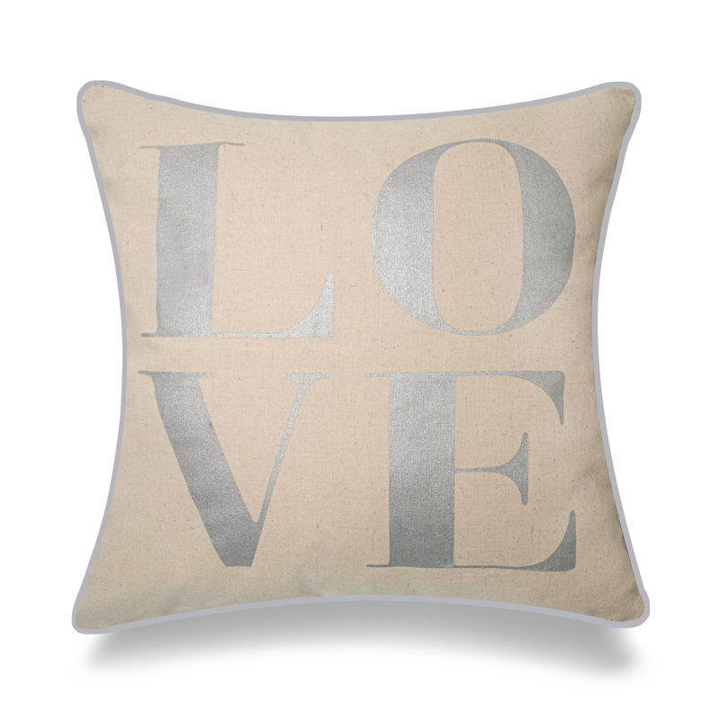 Love Linen Pillow Cover, 18"W x 18"L, Silver/Large Text Love, Polyester