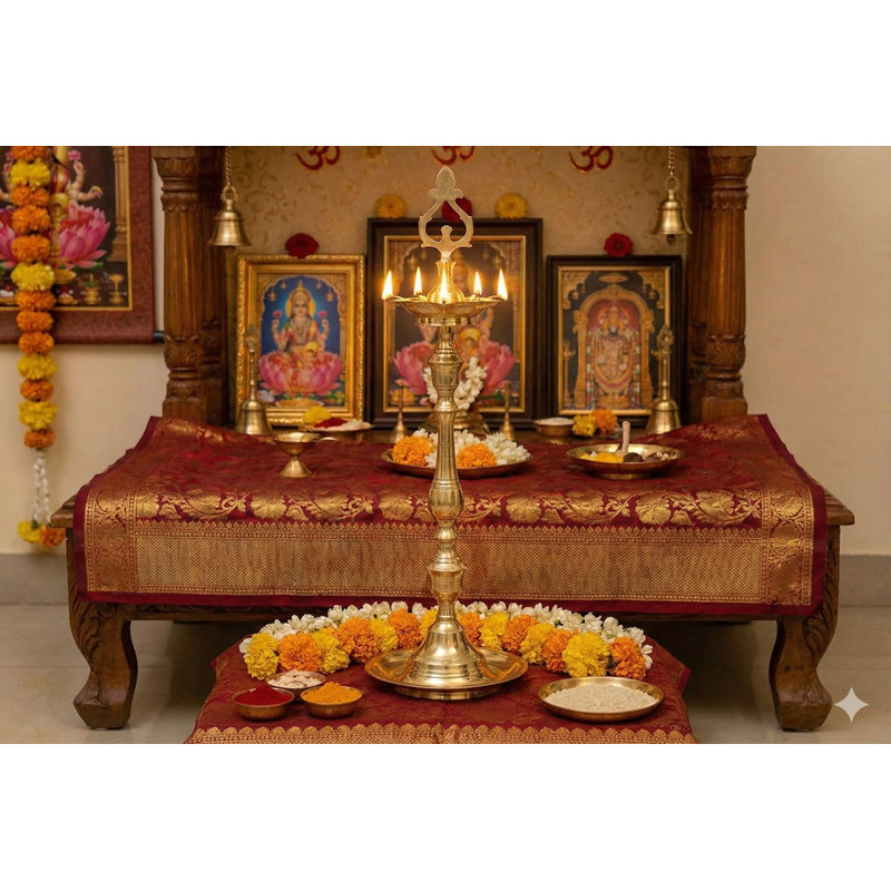 18" Traditional Brass Puja Lamp – Handmade Indian Ritual Diya for Altar, Temple, Meditation & Spiritual Home Décor