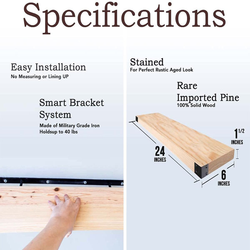 2 Piece Pine Floating Shelf, 1.5" H x 24" W x 6" D, White