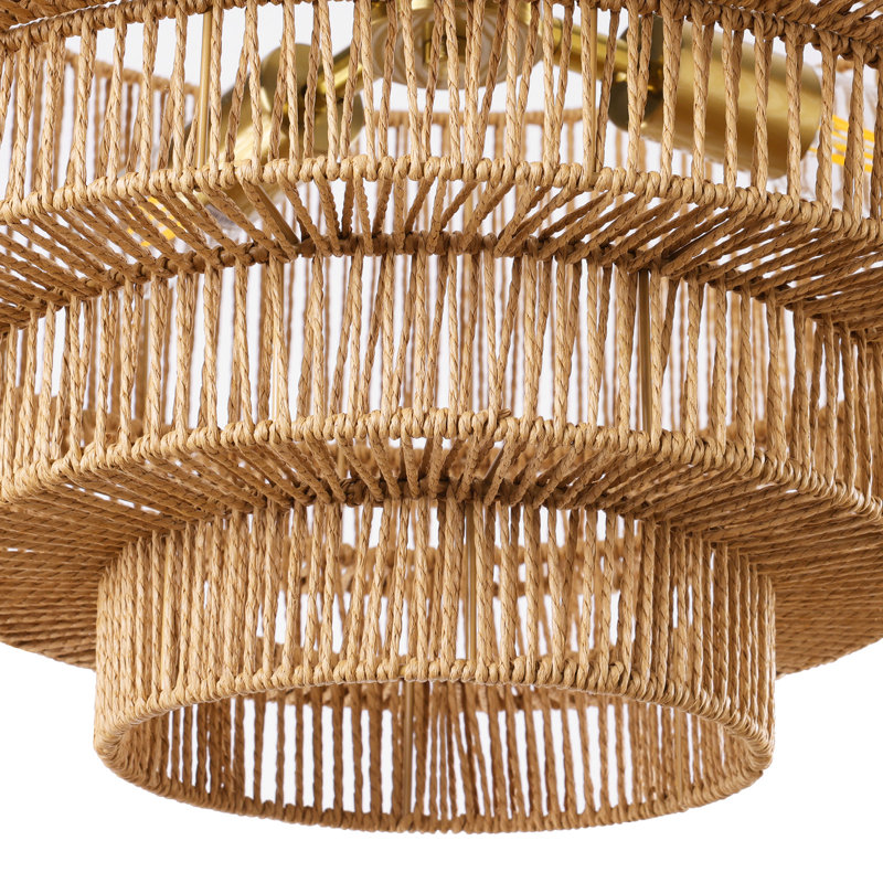 4-Light Dimmable Hand-Woven Rattan Tiered Chandelier, Gold
