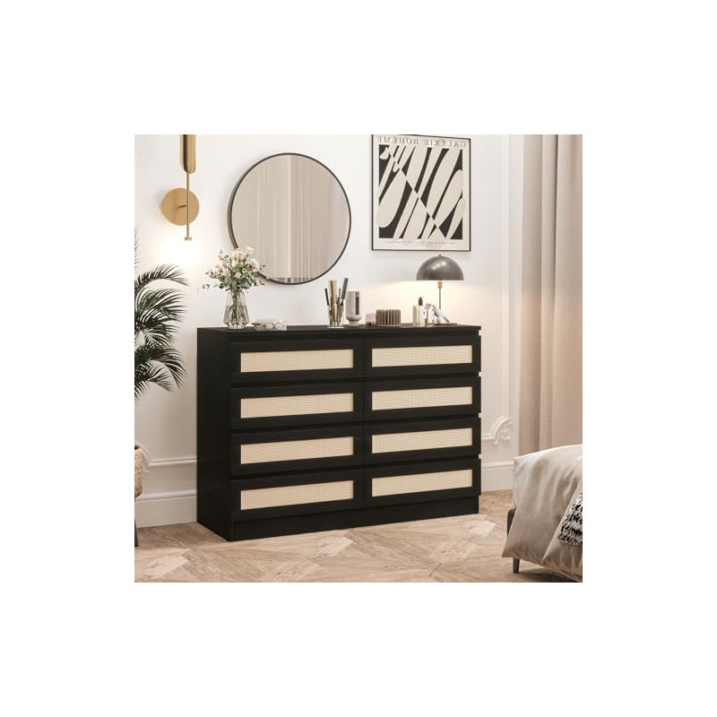 Rattan Dresser for Bedroom, Modern 8 Drawer Wooden Dresser Chest, Wide Wood Beside Table for Closet, Nursery, Living Room and Entryway