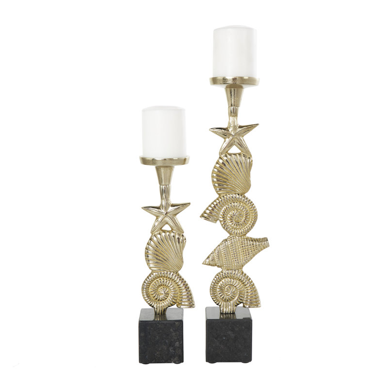Aluminum Metal Shell Decorative Candle Holder with Black Marble Bases Set, Bronze