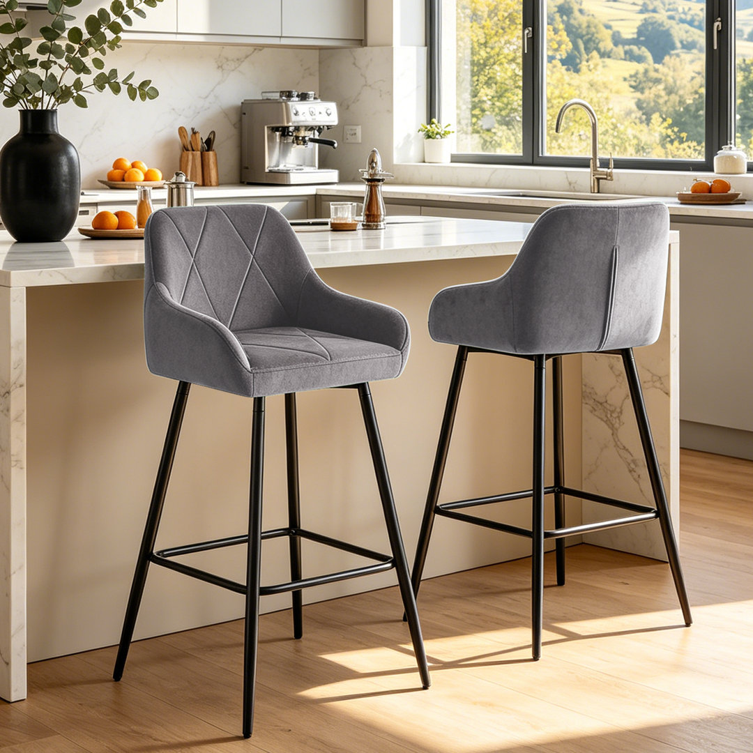 Fixed Height Velvet Bar Stool with Diamond Tufted Back