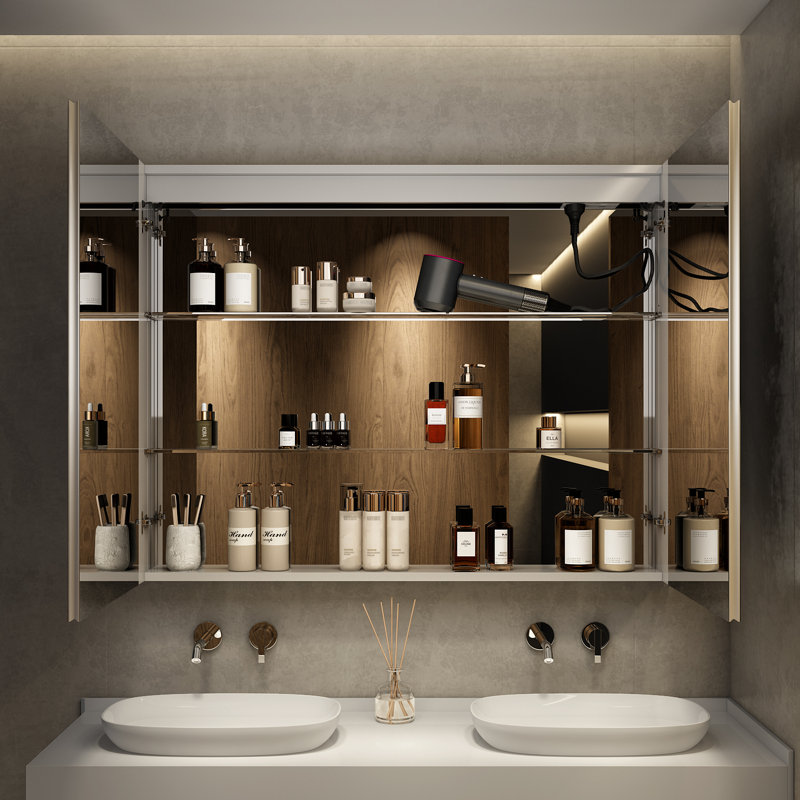 Armoire à pharmacie encastrée / à fixation en surface de 36 po x l 32 po à cadre en aluminium argenté avec miroirs anti-buée, 3 lumières à intensité variable de couleur et tablettes en verre réglables pour le rangement de maquillage, de rasage ou de meuble-lavabo