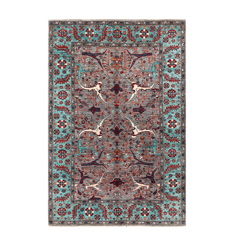 Tapis rouge / bleu sarcelle / gris en laine noué à la main de conception unique 6 pi 1 po x 8 pi 11 po