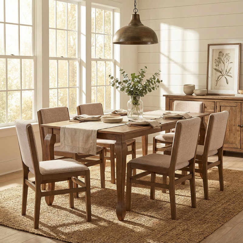 Alagie 7-Piece Expandable Rubberwood Dining Table Set With Upholstered Chairs