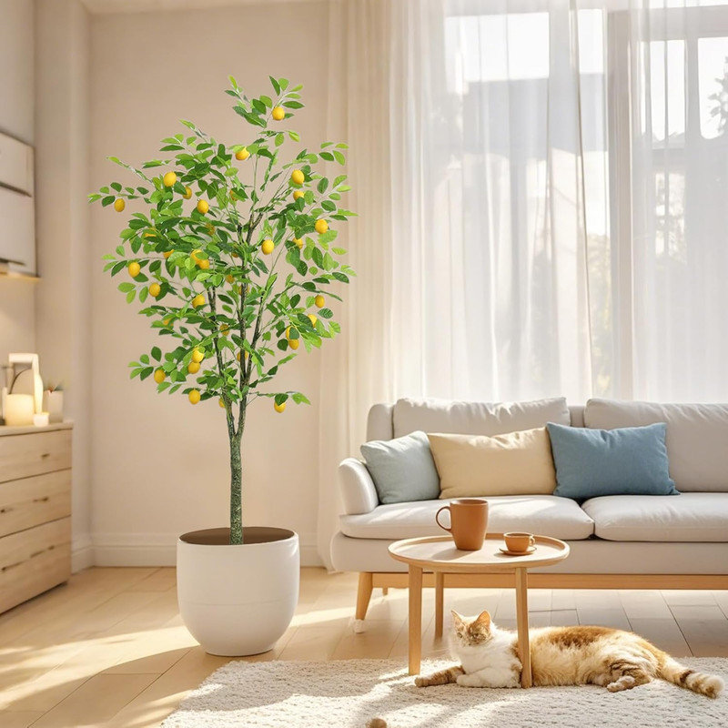 Ensemble de 2 citronniers artificiels 1,8 m, faux citron réaliste avec fruits pour la décoration intérieure et extérieure d'un bureau à domicile