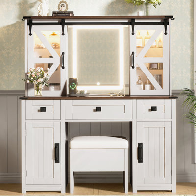43.3" Farmhouse Makeup Vanity Desk With Lighted Mirror, Vanity Table Set With Storage Stool And Charging Station, Dressing Table With Sliding Barn Door Hidden Shelves & 3 Drawers & 4 Cabinets, Beige