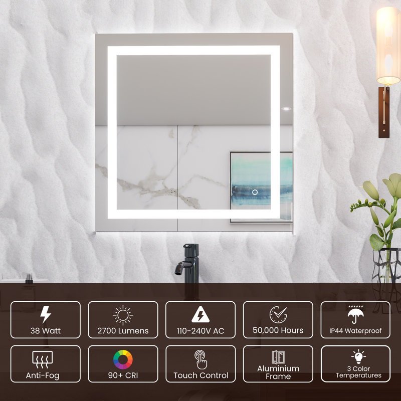 Super Bright Front & Back Lighted Anti-Fog Bathroom/Vanity Mirror, 36" x 36"
