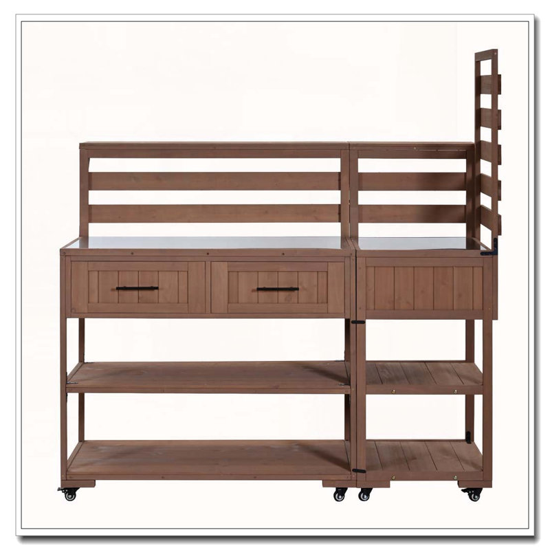 62.3'' Patio Kitchen Island Solid Wood Kitchen Cart with Stainless Table Top, Brown