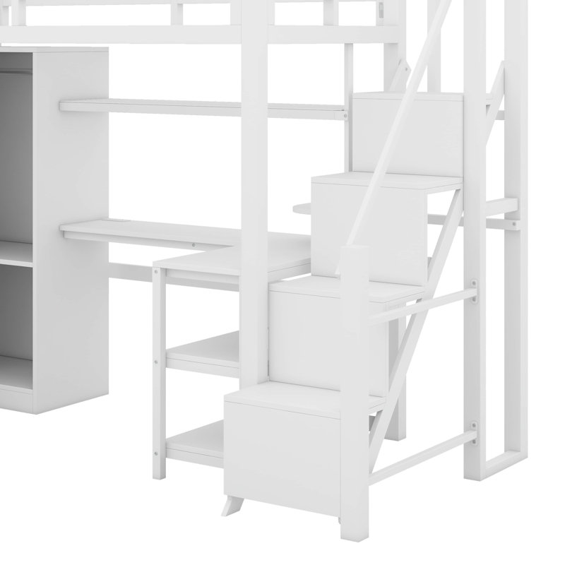 Lit mezzanine simple en métal avec bureau, ports USB, tablette et escalier
