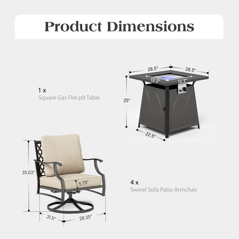 Ensemble de conversation d'extérieur pour 4 personnes avec table basse et table de foyer pivotante Asfand, Beige