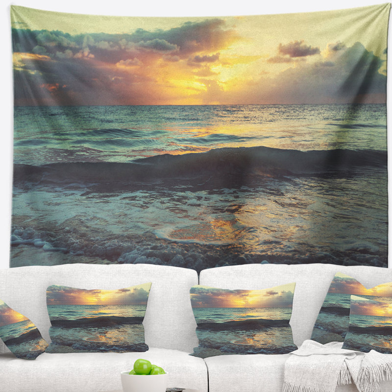 Eaux bleues colorées seascape à coucher de soleil tapisserie, H 68 po x l 80 po