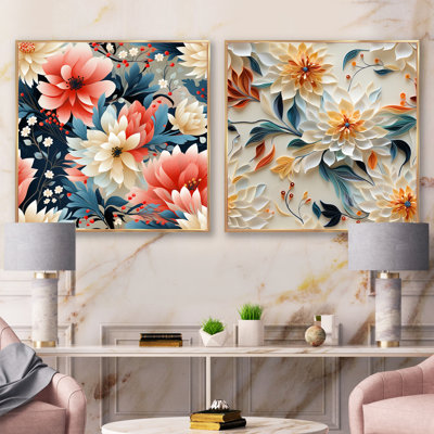 Ensemble de 2 œillets corail et beige à motif floral - collage carré floral