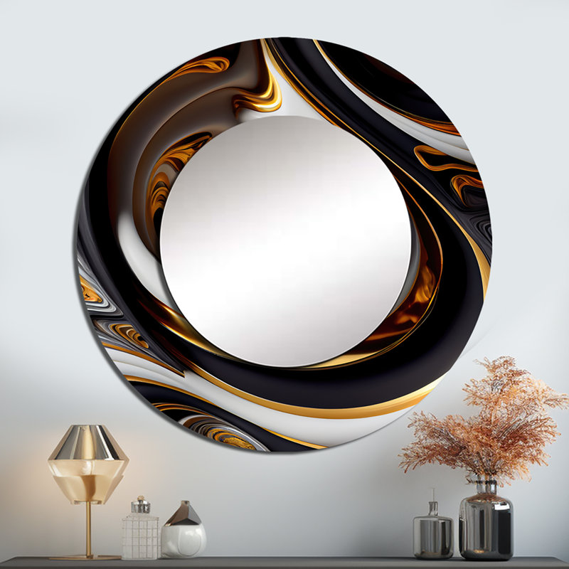 Prayas or et noir vitrail spirale IV - miroir spirales abstraites, miroir mural rond doré unique, art imprimé en métal