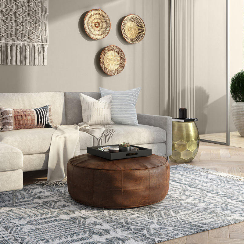 Connor 34"W Upholstered Genuine Leather Boho Round Coffee Table Pouf