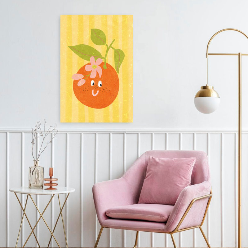 «Hello Orange Playful Vibrant Whimsical Flower Fruit», art mural, H 24 po x l 16 po