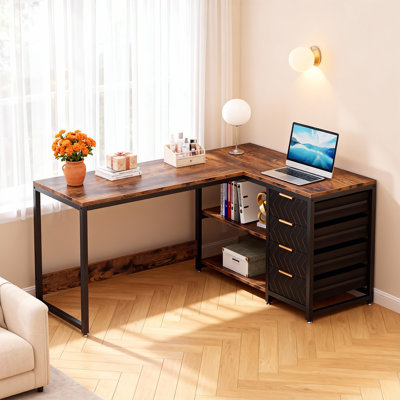 59" Industrial L-Shaped Desk with File Cabinet and Reversible Storage