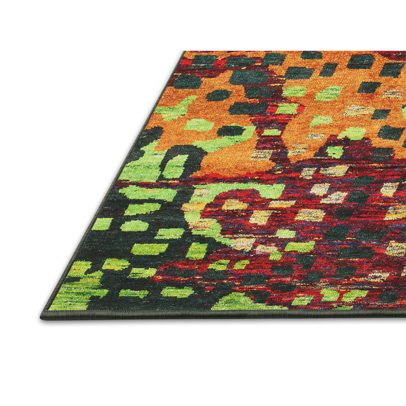 Tapis de zone rouge/vert/orange contemporaine, Rectangle 6 pi x 9 pi