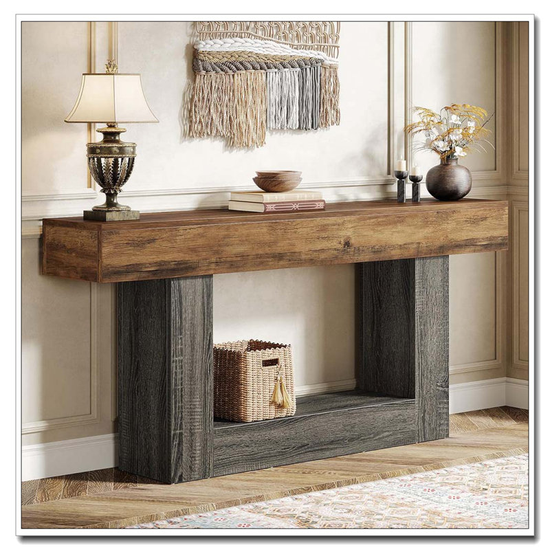 Farmhouse Two-Tier Console Table with U-Shaped Base Storage, Gray