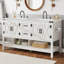 Meuble-lavabo double vasque de style campagnard de 152 cm (60 po) de largeur, avec comptoir en acrylique effet marbre blanc de Carrare et grand espace de rangement, blanc vieilli-133667362