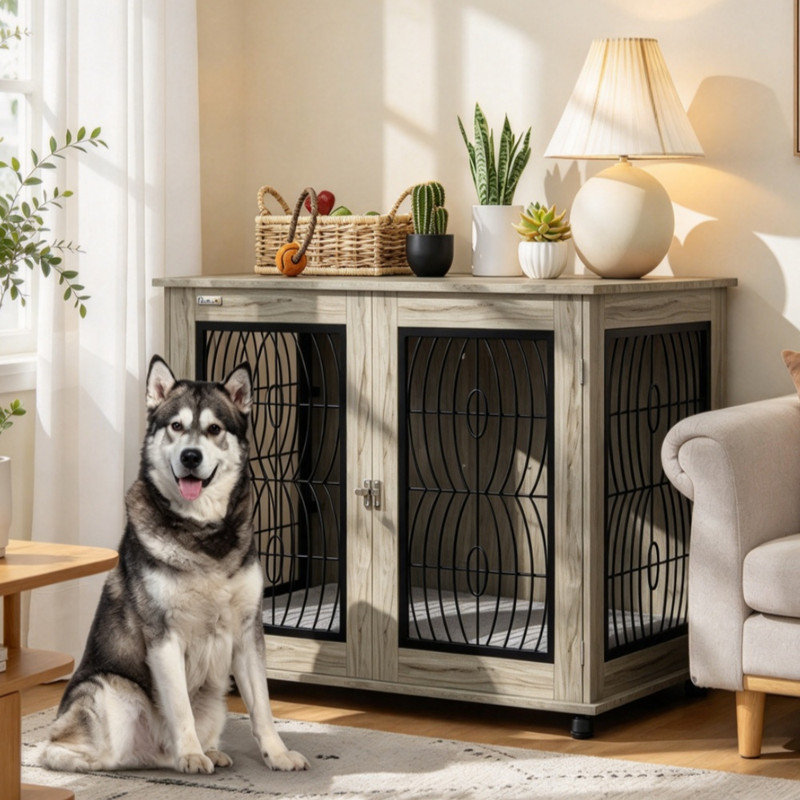 Grey Furniture-Style Indoor Dog Crate End Table for Extra Large Dogs, Featuring Soft Washable Cushion and Lockable Front Door, Multi-Functional Pet Side Table