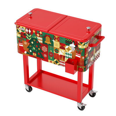 Winado 80 qt. Red Christmas Themed Rolling Patio Cooler Cart